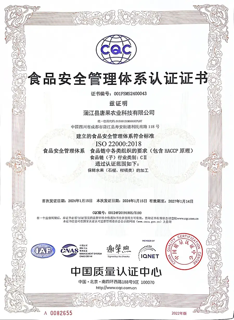 ISO 22000 certificate scan showing the printed holder, scope and dates