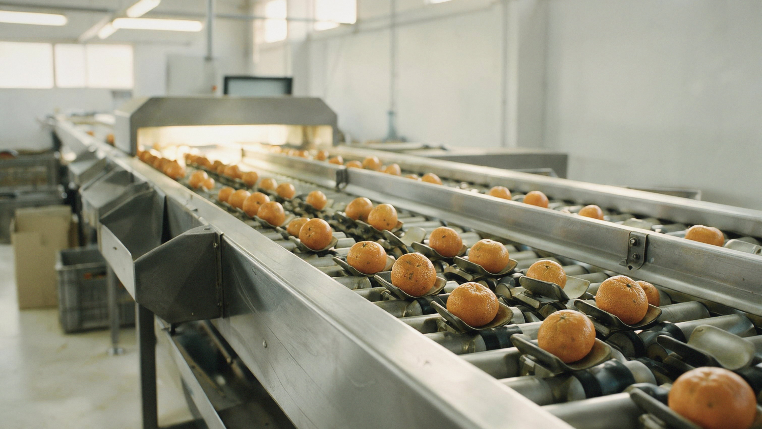 Citrus travelling in cups along a stainless grading conveyor